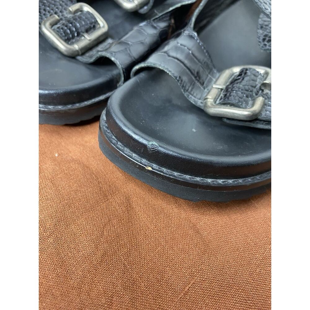 Freda Salvador Piper Leather Sandal Women's 7 Black Croc Pattern Slingback Flat - Picture 5 of 10